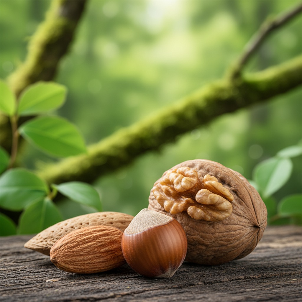 Een walnoot, een hazelnoot en amandelen liggen samen op een houten ondergrond tegen een achtergrond van groene bladeren.
