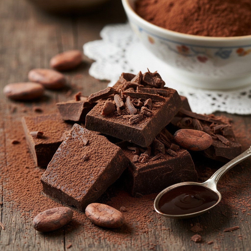Stukken pure chocolade met cacaobonen en een lepeltje gesmolten chocolade op een houten tafel.